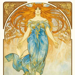 in the style of artgerm, arthur rackham, alphonse mucha, phoebe tonkin, symmetrical eyes, symmetrical face, flowing blue skirt, hair blowing, full body, intricate filagree, hidden hands, warm colors, cool offset colors