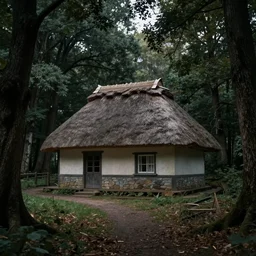 a single cottage with a thached roof in the woods and empty woods, 8k, fantasy, realistic, dramatic lighting, cinematic