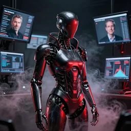 a cyborg, cyberpunk, surrounded by smoke, award-winning art, black on red, hyperrealistic, by Sam Spratt, by Vlad Rodriguez, computer screens in the background, trending on Artstation, dark, dramatic, cinematic, realistic studio lighting, realistic reflections, realistic light refractions, raytracing, 4k, professional, canon