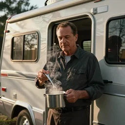 saul goodman cooking meth in a rv photorealistic
