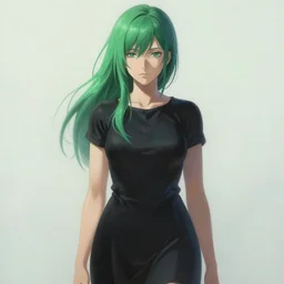 painting of tatsumaki from one punch man, green hair, black dress, cool color palette, refreshing, soft lighting, highly detailed, digital painting, by cushart krenz, by makoto shinkai