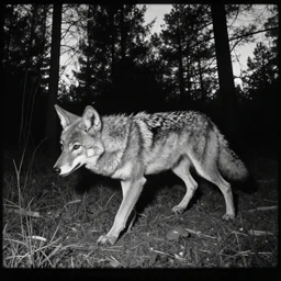 black and white trailcam footage of native weird distorted human body Skinwalker transforming into a coyote