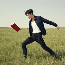 harmony black haired seokjin, red book, dark blue jacket white top black jeans, grasslands, sunny day, amazing composition, dynamic posing, by franz xavier leyendecker, wlop, james jean, victo ngai! muted colors, highly detailed, fantasy art by craig mullins, thomas kinkade cfg _ scale 8