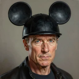 ultra realistic medium close up painting of patrick stewart as professor x, mickey mouse ears hat on head, art by frank frazetta, 4 k, ultra realistic, highly detailed, epic lighting.