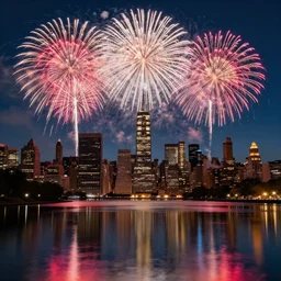 amazing bloomy fireworks over a metropolian city skyline with reflections in a city lake, highly detailed, ultrarealistic, 8 k