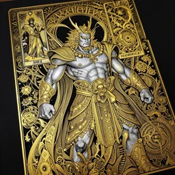 detailed mighty poseidon god, by hokusai and james gurney + black paper with intricate and vibrant gold line work + tarot card + mandelbulb fractal + full of silver layers + portrait + trending on artstation + incredible gold and black gothic illustration + exquisite detail