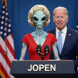 alien, gray alien, wearing a blond wig and a red dress and ((Joe Biden)) at a press conference, photograph, highly detailed, 4K