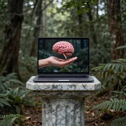 a laptop sitting on a marble column in the middle of the forrest, A cyber hand is reach out of the laptop screen holding a brain in the palm