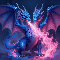 a firebreathing two - headed dragon breathing blue and pink flames, pink fire from its mouth, surrounded by blue and pink fire, hyperrealistic, highly detailed, intricate, elegant, smooth, dnd, fantasy illustration, octane render, 8 k, concept art, artstation, oil painting by greg rutkowski, artgerm, wlop