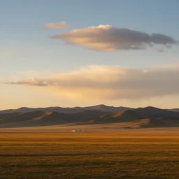landscape photography, mongolian steppe, warm lighting, golden hour, mountains, clouds, beautiful, kodachrome, 4 k, hd
