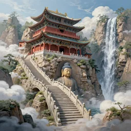a gorgeous painting by franklin booth. chinese hanging temple. yungang buddh. the winding steps. stone bridge. clouds in the wind!! ultra clear detailed. 3 d, octane render. water fall farom the mountain.