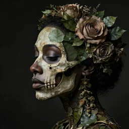 a beautiful black woman's face in profile made of leaf and floral 🌹💐 skeleton, in the style of the dutch masters and gregory crewdson, dark and moody aesthetic, 8 k, matte, intricate detail, hyper detailed, surrealism, fantasy, elegant,