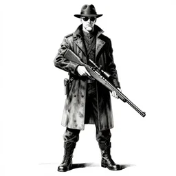 full body portrait of blonde viktor reznov from call of duty : world at war with a coat, a blonde goatee, short hair, fedora, and sunglasses, holding a wooden sniper rifle, establishing shot, by yoji shinkawa, metal gear concept art, ink, black and white, white background