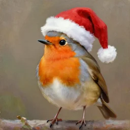 a robin, wearing a santa hat, oil painting, christmas card illustration