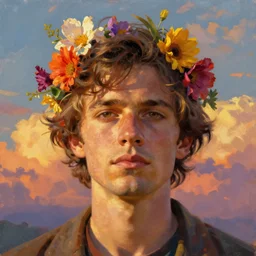 close - up portrait, golden hour, colorful clouds, the dude from the big lebowski, flowers as hair, painting, digital painting, artstation, lauren brevner, kehinde wiley