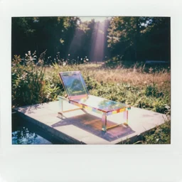 a pastel coloured polaroid photo of a sun lounger on a platform next to a pond, both made of transparent iridescent perspex stood centrally in a field, beams of light, nostalgic