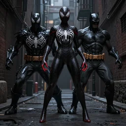 A combination of Batman and symbiote Spiderman merged into one female character, standing in a dark alley in a menacing pose, 3d cgi art by Korean MMO artists, concept art, trending on ArtStation, extremely detailed, hyper realistic, 8k, Unreal Engine