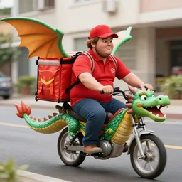 a rotund pizza delivery man riding a dragon down the street