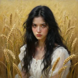 Hyper realistic detailed painting of a Paludnitsa! (in a lush wheat crop). Perfect face, beautiful!, black hair, white dress, menacing!, melancholic!!, dreamlike, highly detailed, sharp focus, digital painting, art by Eddie Mendoza, detailed and intricate environment, highly detailed, award winning art.