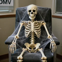a skeleton covered in cobwebs sitting in a chair at the dmv