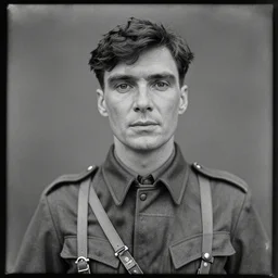 cillian murphy in a world war ii uniform, black and white film photography, realistic face, cabinet card, 2 5 mm lens, cinematography by chris nolan