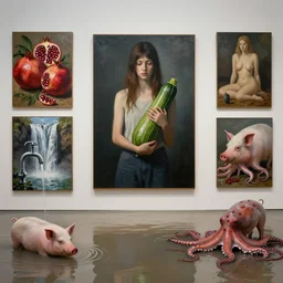 flooded art gallery, painting of a tall emo girl holding a courgette, paintings on the wall, pomegranates, waterfall, dripping faucet, pigs, octopus, berries, zen, sensual, surrealist, by magritte and monet