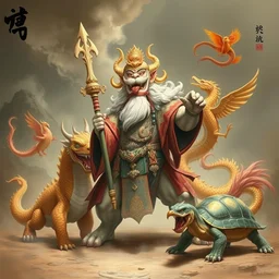 chinese god of warcraft controling the four animal guards of the north east south west : : qilin, dragon, tortoise and phoenix, chinese myth, scared animal, legendary creatures of china