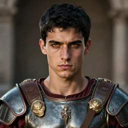 roman general, handsome young man with black hair, roman soldier armor, symmety, close - up portrait of roman centurion without helmet, character portrait, shaded, deep focus, amber eyes, insane art, trending on artstation, perfect lighting, 8 k, game cover art, sharp focus, anatomically correct, historically accurate!!, by artgerm and greg rutkowski