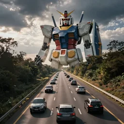 cars on the freeway with a gundam in the background, simon stalenhag