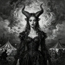 By Tom Bagshaw, ultra realist soft painting of curiosities carnival by night, very beautiful horn female long gothic dress thin dark lustrous hair, partial symmetry features, very intricate details, omnious sky, black and white, volumetric light clouds