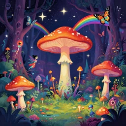 psychedelic alien mushrooms, enchanted cosmic forest, mushrooms on the ground, fairies, stars in the sky, butterflies, rainbows, psychedelic, alien world, wide angle shot, vector art, fantasy poster by helen huang and frank frazetta and salvador dali