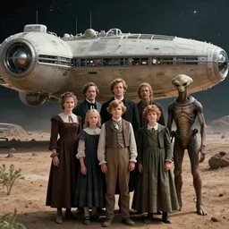 32k film still from a sci fi blockbuster color movie made in 2022, set in 1860, of a family standing in front of a spaceship that has just landed on an alien planet, a humanoid alien creature stands nearby, the family are all wearing 1850s era clothes, cinematic lighting, human faces, extremely good lighting, winner of seven oscars
