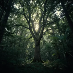 spectacular, fabulous tree standing in a thickly vegetated, sombre forest, dreamlike light incidence, sunraise, ultrarealistic, eerie, onimous
