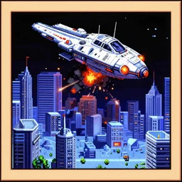 nes videogame of a spaceship destroying a city