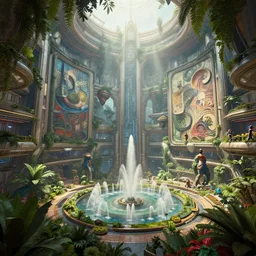 floating ( ( ( borderlands 3 ) ) ) psycho, within interior futuristic expansive city hall solarpunk 2 0 7 7, sci - fi, fantasy, wide angle highly detailed by santiago calatrava, foliage, fountains, wall art!, levitating people, by saturno butto and wlod, captivating 8 k hdr, octane render godrays