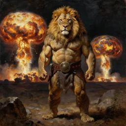 oversized muscular lion barbarian hunter with human legs full body portrait pose  watching nuclear explosion of jupiter in background , very textured detailed oil painting by rembrandt , hard backlight , in dark cave