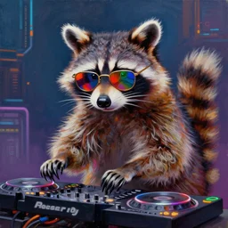 a raccoon dj with colored sunglasses making techno music, digital art, 8k, futuristic, oil painting by alexander roslin