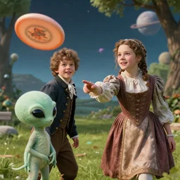 detailed, sharp, a boy and a girl playing frisbee with their cute pet humanoid alien, wearing 1850s era clothes, in a park on an alien planet, extremely highly detailed, in focus faces, still from a period sci fi color movie, 8k, HD, good lighting