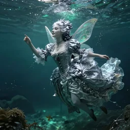A silver haired mad, narcissistic fairy princess from the 18th century, dressed in a Queen Victoria's wedding dress, floathing underwater in a lake, mystical, atmospheric, scarry, ghost like, greenish blue tones, fantasy concept art by Annie Stegg Gerard,  John Anster Fitzgerald, and John Everett Millais