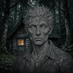 intricate detailed portrait of a character in front of a cabin in a dark mysterious forest by mark ryden