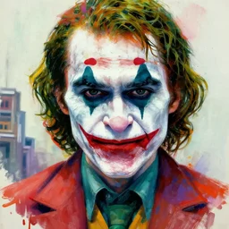 abstract portrait of the joker in gears of war, city in the background, the joker 2 0 1 9, beautiful face and eyes, rule of thirds, face symmetry, colourful spray paint splatters, expressive, fine art, by pablo ruiz picasso, 4 k, correct body proportion, pablo ruiz picasso style