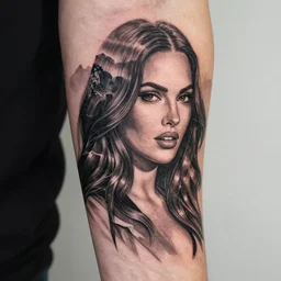 double exposure effect tattoo sketch of megan fox faded with a beautiful mountain scenery, realism tattoo, in the style of matteo pasqualin, amazing detail, sharp