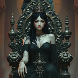 a painting of a beautiful black haired woman with pale skin and a crown on her head sitted on an intricate metal throne standing in front of a statue, a screenshot by stanley twardowicz, cgsociety, aestheticism, aesthetic, vaporwave, anime aesthetic,