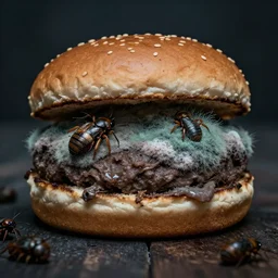 a rotten hamburger filled with mold and bugs, gloomy, moody, hyperdetailed, artstation
