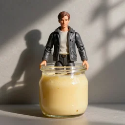 tobey maguire action figure in a jar of custard