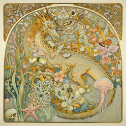 hyperrealistic detailed painting of a dragon, with flowers, butterflies, corals, sea kelp, sea plants, starfish, jellyfish, bacteria, skulls, golden filigree, art by ernst haeckel, john william godward, hammershøi, alphons mucha, pontormo, ornamental, decorative, art nouveau pattern, lights by hopper, pastel colours,