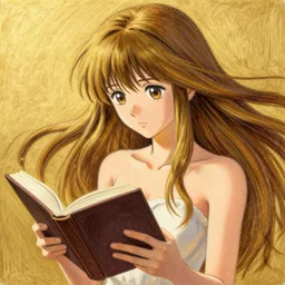 recursive image with a girl reading a book, large eyes, her long hair flowing, anatomically correct, oil pastels and gold, in the style of katsuhiro otomo, modeled in poser, redshift render, uhd