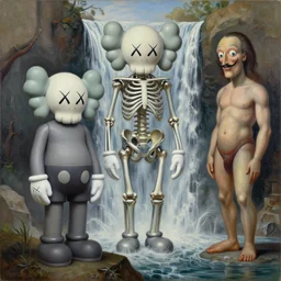 3 d skeletal cyborg waterfall ethereal contemporary art by kaws, james jean and salvador dali and shusei nagaoka, textured oil on canvas, expanded surrealism, neoclassicism, renaissance, depth of field, hyper realistic, cell shaded, metallic reflections, physically based rendering, 8 k