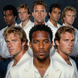 a closeup portrait painting of crockett and tubbs in eighties miami vice, ultra realistic, highly detailed faces, true life, 8 k, masterpiece, cinematic, by frank frazetta, greg rutkowski, yoko taro, christian macnevin, beeple, wlop, krenz cushart, epic character art, dramatic lighting, white suit