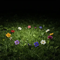 multiple colorful small flowers lying on green grass, moody tone edit, wide angle shot, volumetric dramatic light, dark black background, sharp focus, highly realistic, octane render, art by greg rutsowski